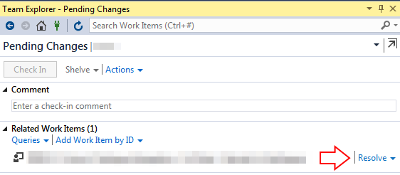 VS showing item resolution in checkin screen with arrow pointing to item resolution