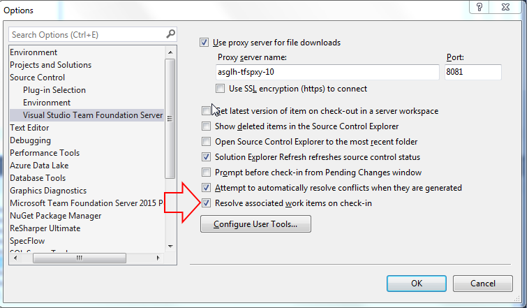 Visual Studio 2015 VSTS options with arrow pointing at resolve option checkbox